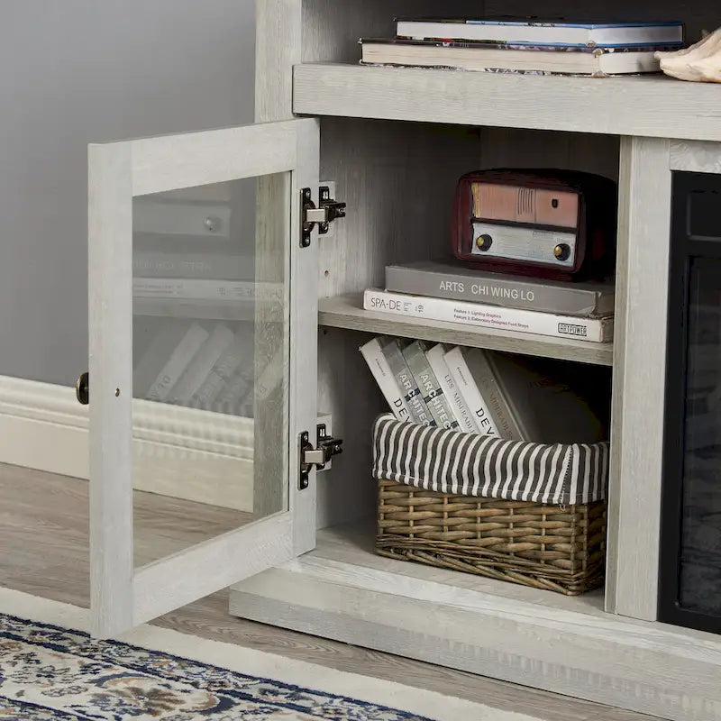 Meuble TV foyer électrique de 152 cm, gris pierre / marron / noir + noyer foncé, pour une pièce, compatible avec les téléviseurs jusqu'à 65 pouces