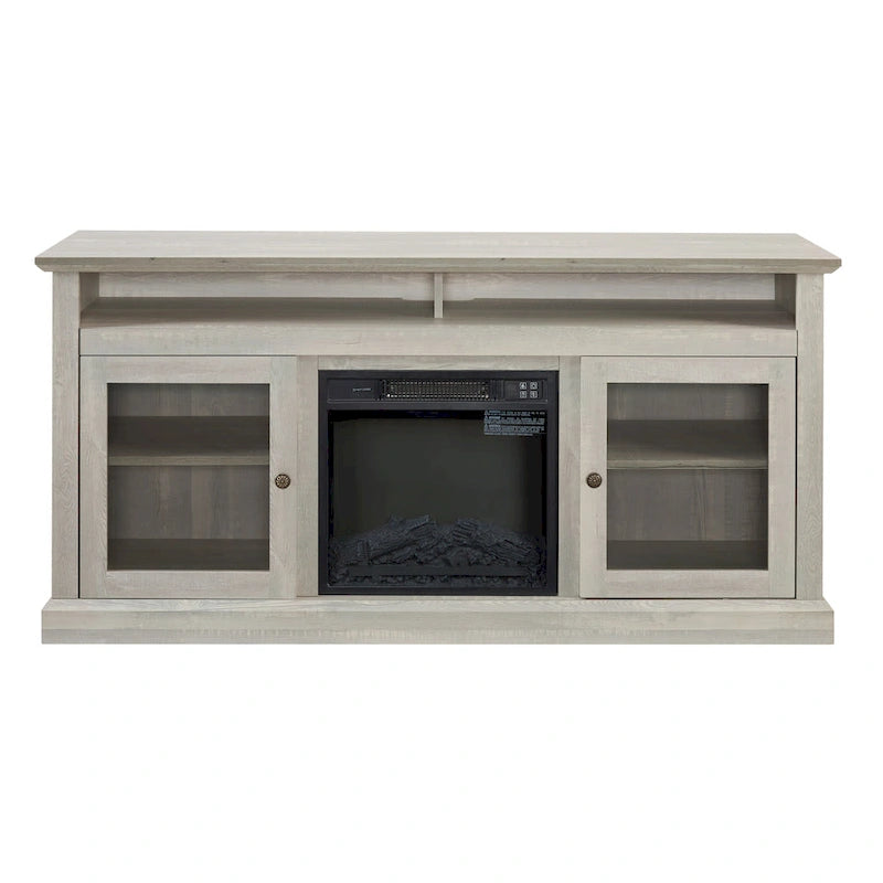 Meuble TV foyer électrique de 152 cm, gris pierre / marron / noir + noyer foncé, pour une pièce, compatible avec les téléviseurs jusqu'à 65 pouces
