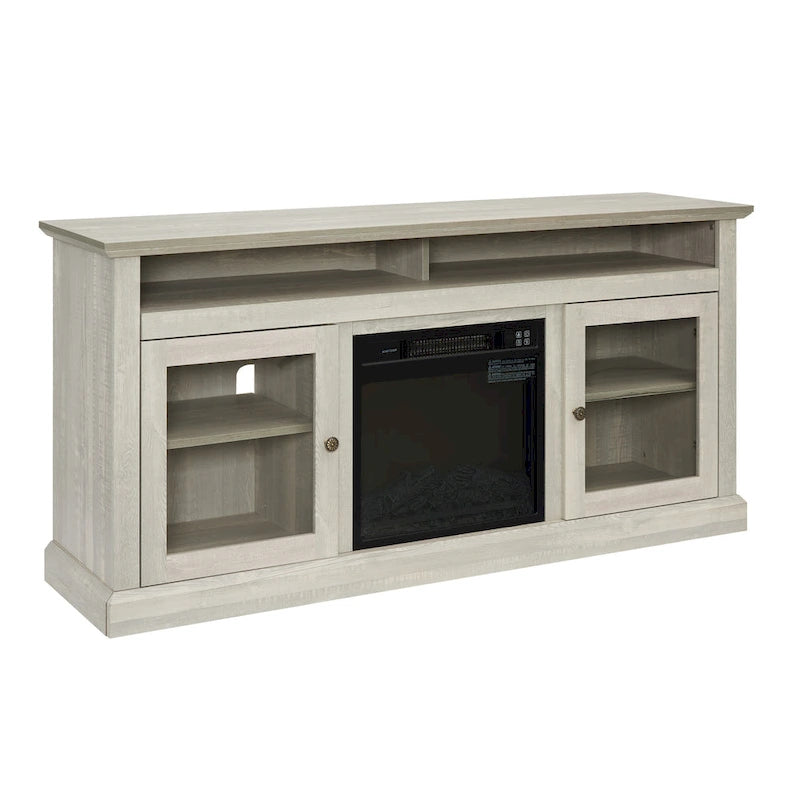Meuble TV foyer électrique de 152 cm, gris pierre / marron / noir + noyer foncé, pour une pièce, compatible avec les téléviseurs jusqu'à 65 pouces