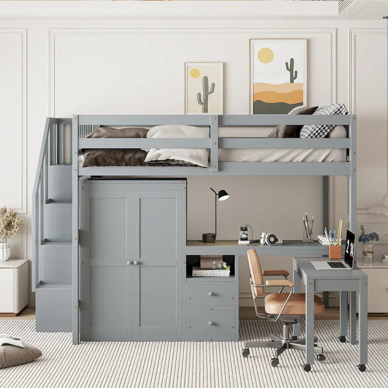 Lit mezzanine double avec escalier, bureau et armoire – 1 personne – Espresso/Gris/Blanc