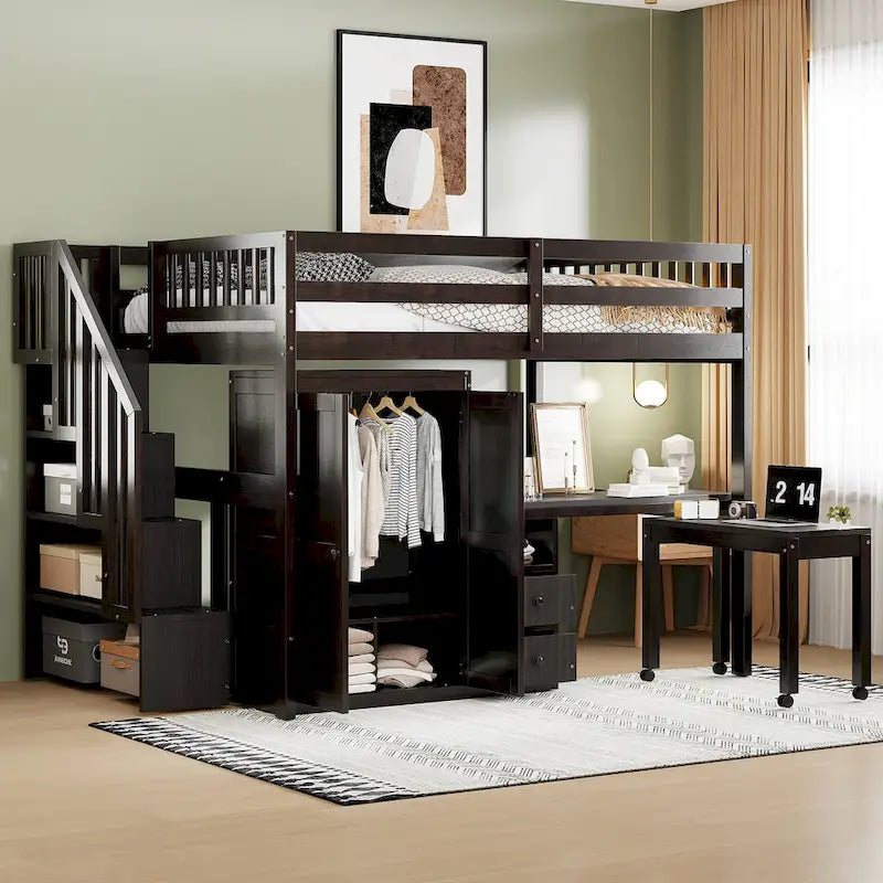 Lit mezzanine double avec escalier, bureau et armoire – 1 personne – Espresso/Gris/Blanc