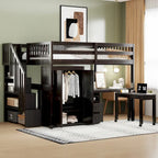 Lit mezzanine double avec escalier, bureau et armoire – 1 personne – Espresso/Gris/Blanc