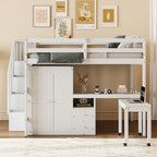 Lit mezzanine double avec escalier, bureau et armoire – 1 personne – Espresso/Gris/Blanc