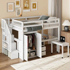 Lit mezzanine double avec escalier, bureau et armoire – 1 personne – Espresso/Gris/Blanc