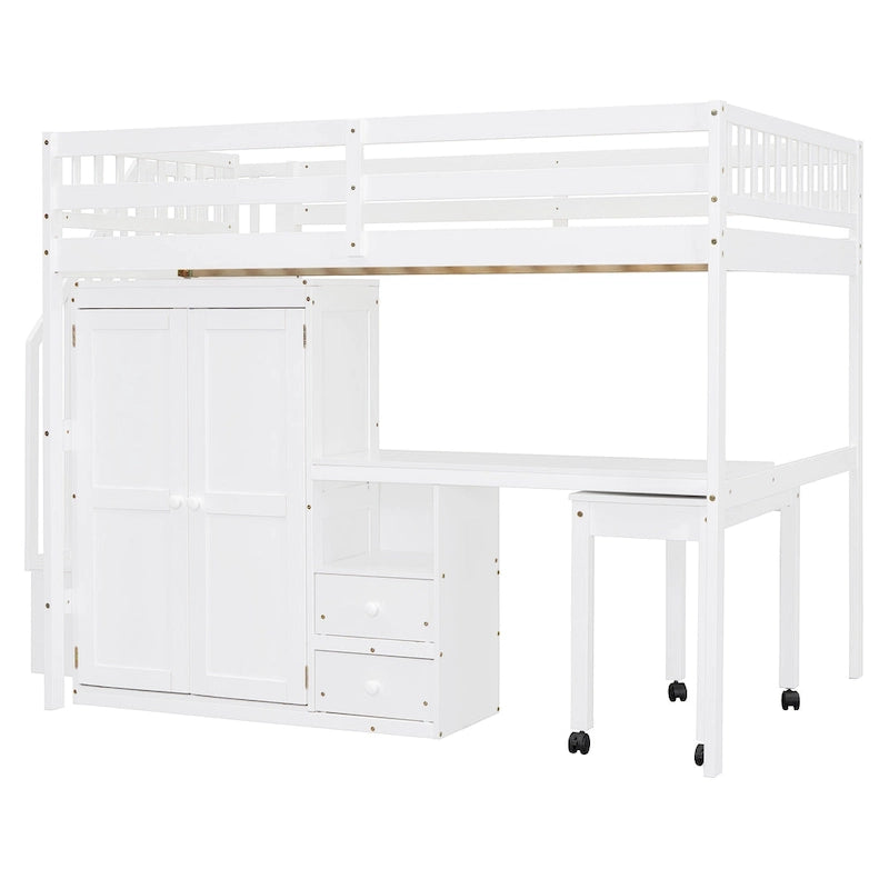 Lit mezzanine double avec escalier, bureau et armoire – 1 personne – Espresso/Gris/Blanc
