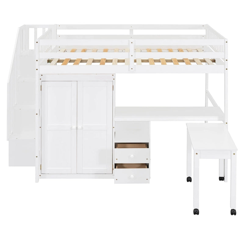 Lit mezzanine double avec escalier, bureau et armoire – 1 personne – Espresso/Gris/Blanc