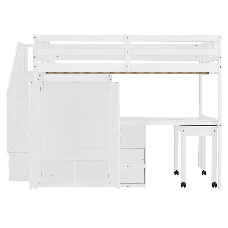 Lit mezzanine double avec escalier, bureau et armoire – 1 personne – Espresso/Gris/Blanc