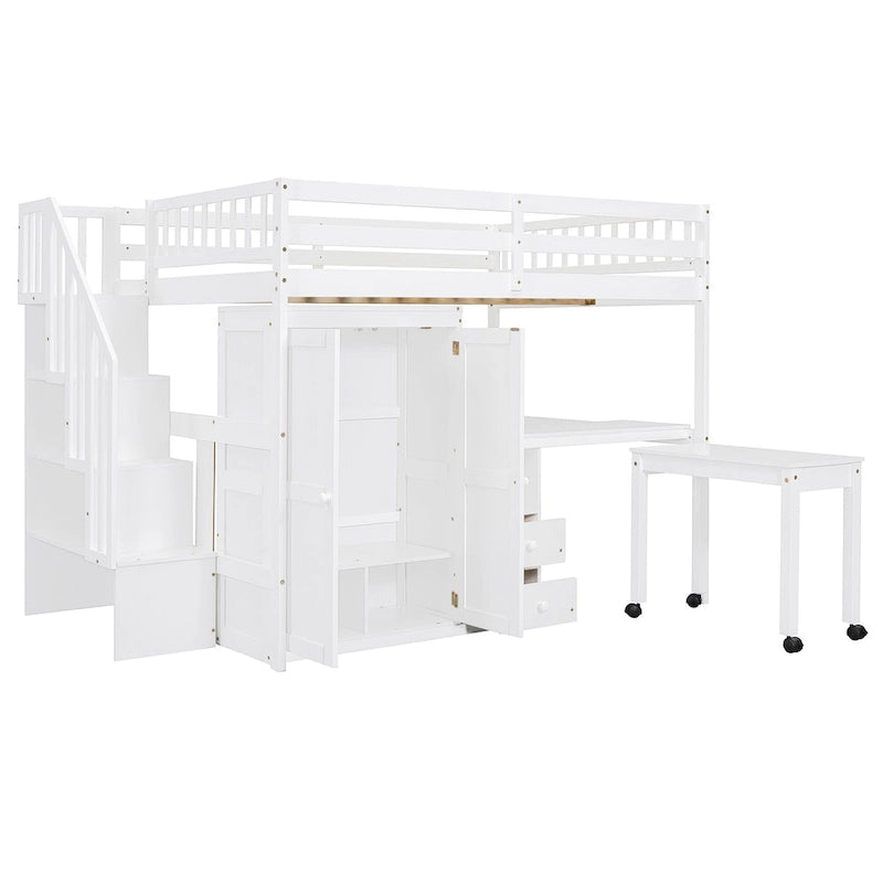 Lit mezzanine double avec escalier, bureau et armoire – 1 personne – Espresso/Gris/Blanc