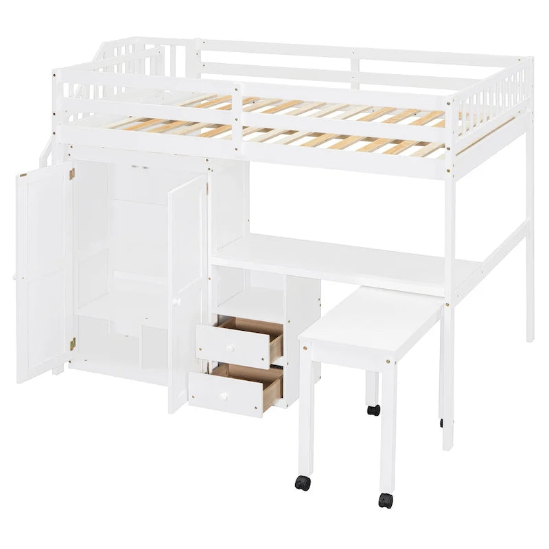 Lit mezzanine double avec escalier, bureau et armoire – 1 personne – Espresso/Gris/Blanc