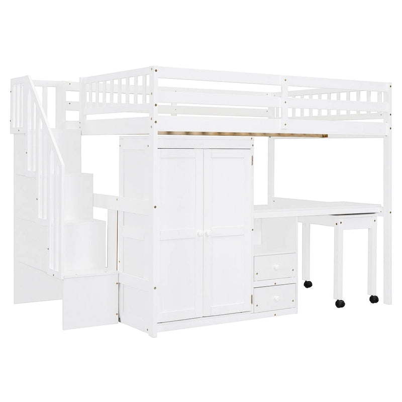 Lit mezzanine double avec escalier, bureau et armoire – 1 personne – Espresso/Gris/Blanc