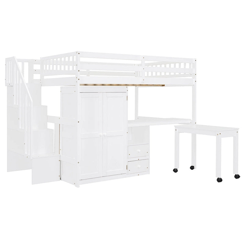 Lit mezzanine double avec escalier, bureau et armoire – 1 personne – Espresso/Gris/Blanc