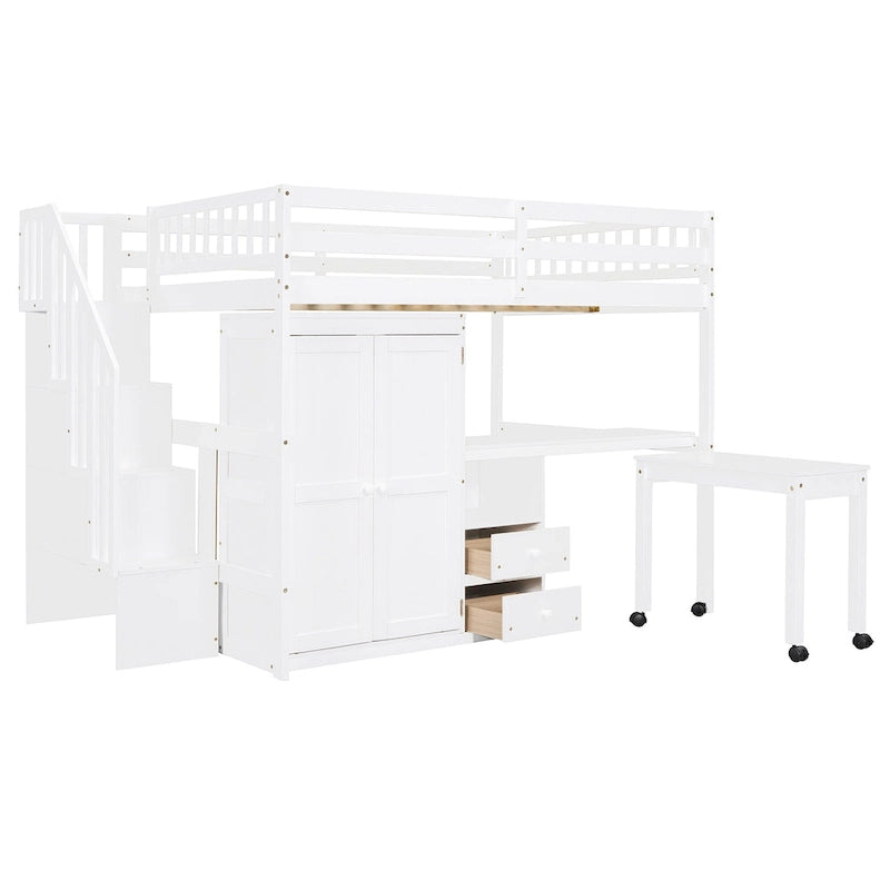 Lit mezzanine double avec escalier, bureau et armoire – 1 personne – Espresso/Gris/Blanc