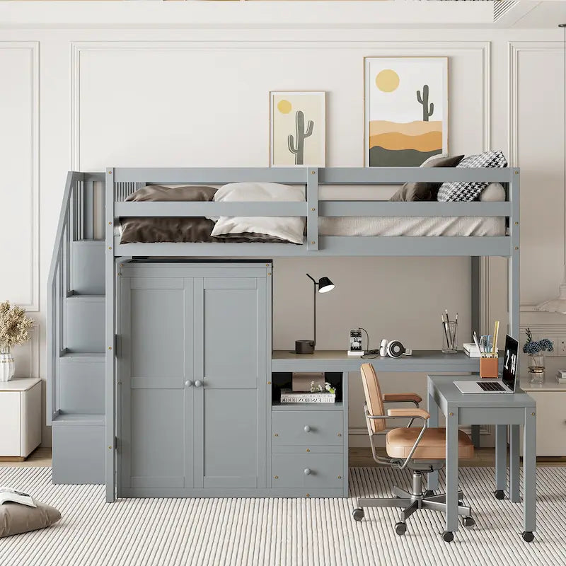 Lit mezzanine double avec escalier, bureau et armoire – 1 personne – Espresso/Gris/Blanc