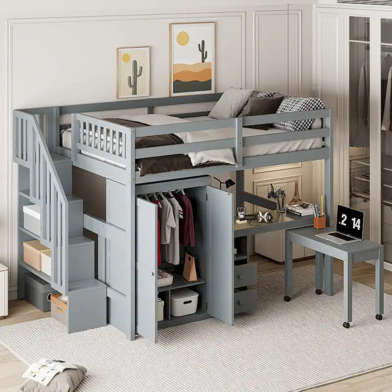 Lit mezzanine double avec escalier, bureau et armoire – 1 personne – Espresso/Gris/Blanc