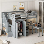 Lit mezzanine double avec escalier, bureau et armoire – 1 personne – Espresso/Gris/Blanc