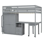 Lit mezzanine double avec escalier, bureau et armoire – 1 personne – Espresso/Gris/Blanc