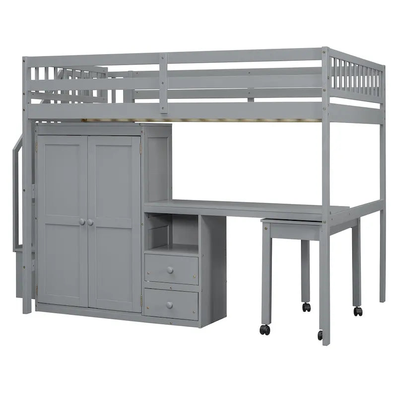 Lit mezzanine double avec escalier, bureau et armoire – 1 personne – Espresso/Gris/Blanc