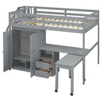 Lit mezzanine double avec escalier, bureau et armoire – 1 personne – Espresso/Gris/Blanc