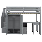 Lit mezzanine double avec escalier, bureau et armoire – 1 personne – Espresso/Gris/Blanc