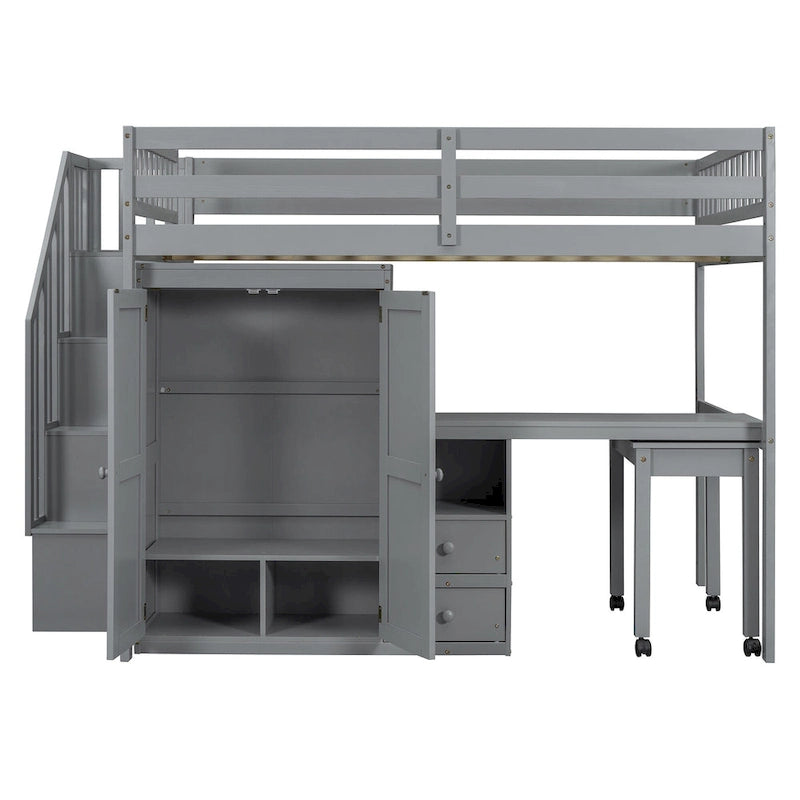 Lit mezzanine double avec escalier, bureau et armoire – 1 personne – Espresso/Gris/Blanc