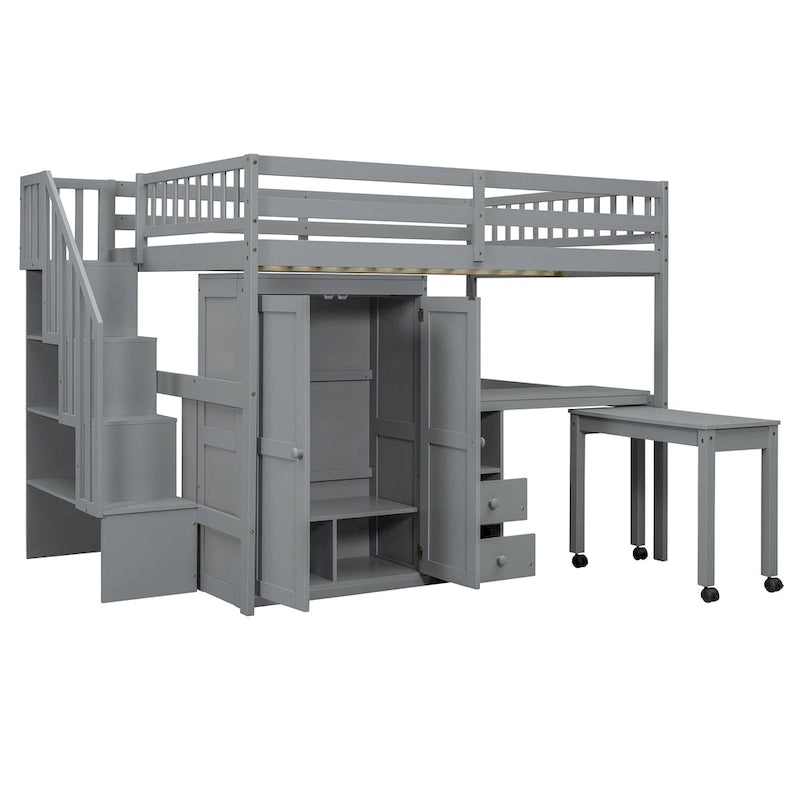 Lit mezzanine double avec escalier, bureau et armoire – 1 personne – Espresso/Gris/Blanc