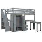 Lit mezzanine double avec escalier, bureau et armoire – 1 personne – Espresso/Gris/Blanc