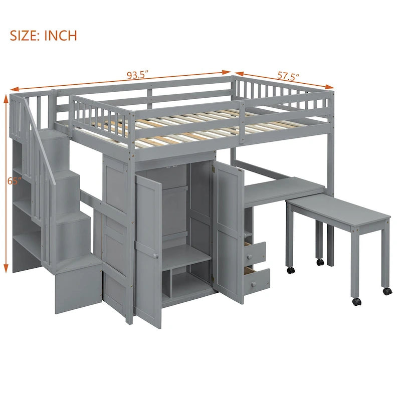 Lit mezzanine double avec escalier, bureau et armoire – 1 personne – Espresso/Gris/Blanc