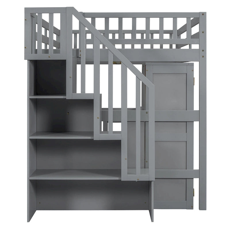 Lit mezzanine double avec escalier, bureau et armoire – 1 personne – Espresso/Gris/Blanc