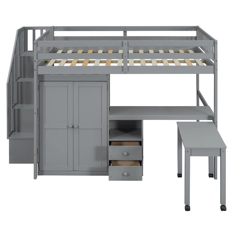 Lit mezzanine double avec escalier, bureau et armoire – 1 personne – Espresso/Gris/Blanc