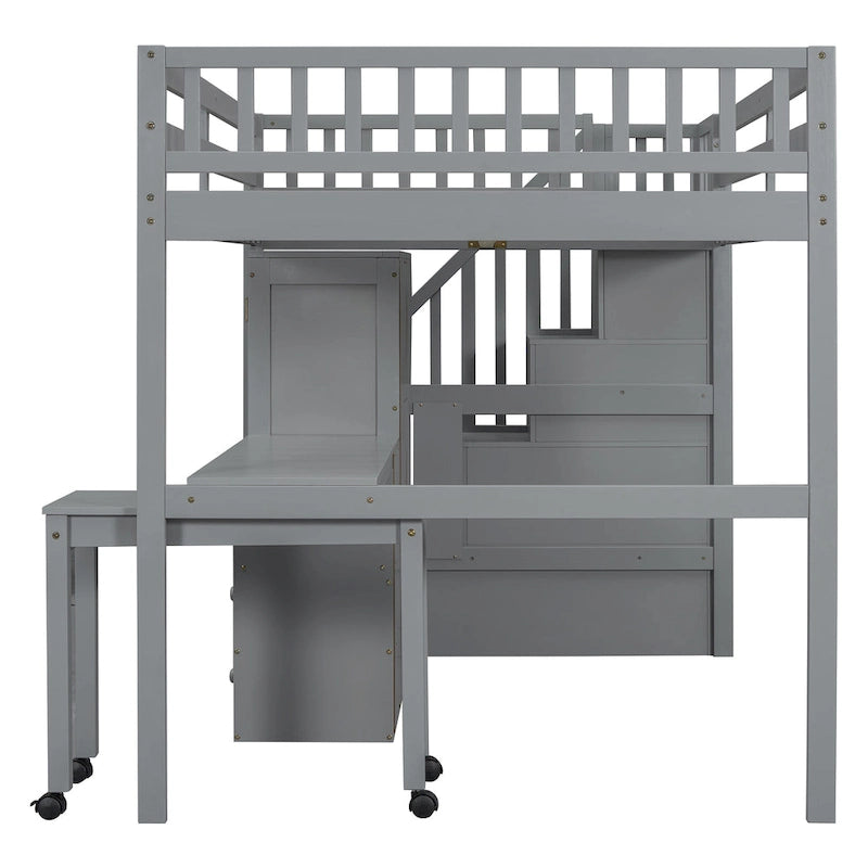 Lit mezzanine double avec escalier, bureau et armoire – 1 personne – Espresso/Gris/Blanc