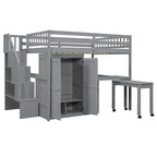 Lit mezzanine double avec escalier, bureau et armoire – 1 personne – Espresso/Gris/Blanc