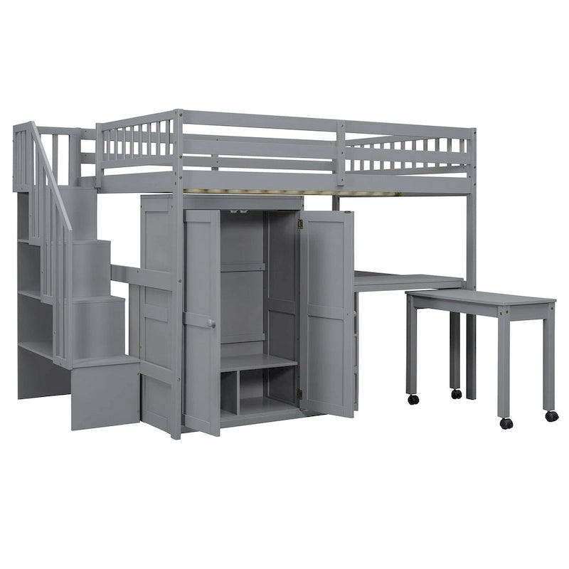 Lit mezzanine double avec escalier, bureau et armoire – 1 personne – Espresso/Gris/Blanc