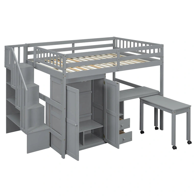 Lit mezzanine double avec escalier, bureau et armoire – 1 personne – Espresso/Gris/Blanc