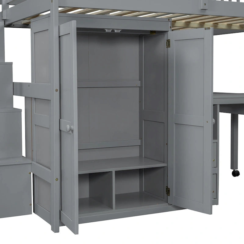 Lit mezzanine double avec escalier, bureau et armoire – 1 personne – Espresso/Gris/Blanc