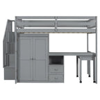 Lit mezzanine double avec escalier, bureau et armoire – 1 personne – Espresso/Gris/Blanc