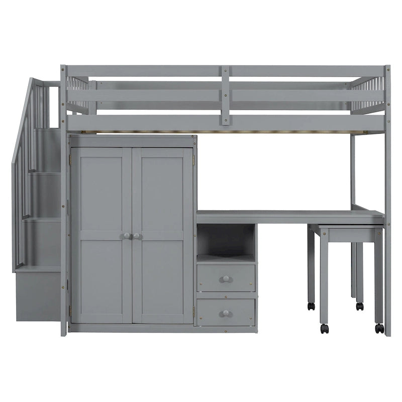 Lit mezzanine double avec escalier, bureau et armoire – 1 personne – Espresso/Gris/Blanc