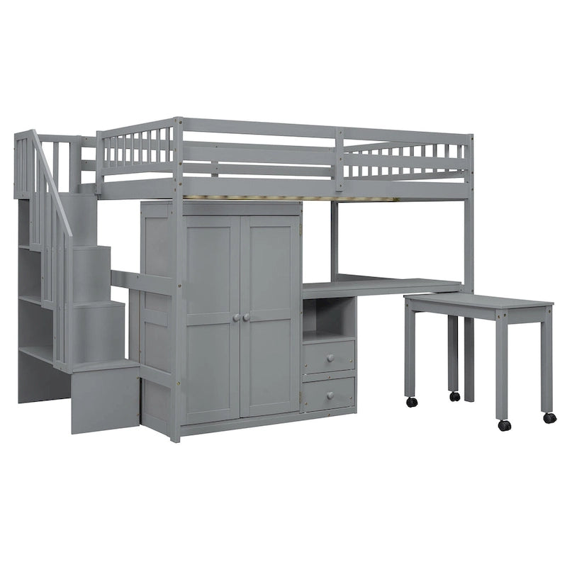 Lit mezzanine double avec escalier, bureau et armoire – 1 personne – Espresso/Gris/Blanc