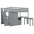 Lit mezzanine double avec escalier, bureau et armoire – 1 personne – Espresso/Gris/Blanc
