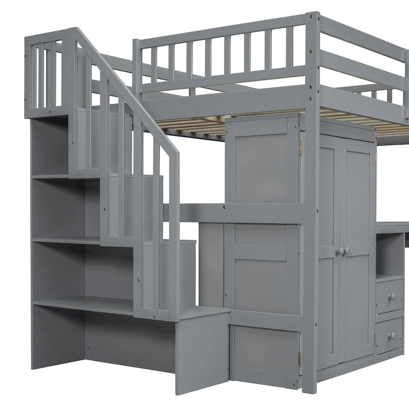 Lit mezzanine double avec escalier, bureau et armoire – 1 personne – Espresso/Gris/Blanc