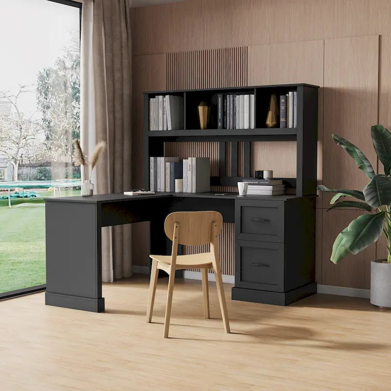 Bureau informatique blanc/noir avec étagère à 2 niveaux et 2 tiroirs, 1 personne