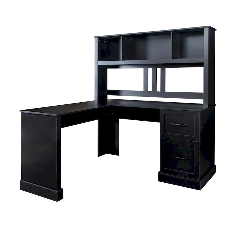 Bureau informatique blanc/noir avec étagère à 2 niveaux et 2 tiroirs, 1 personne