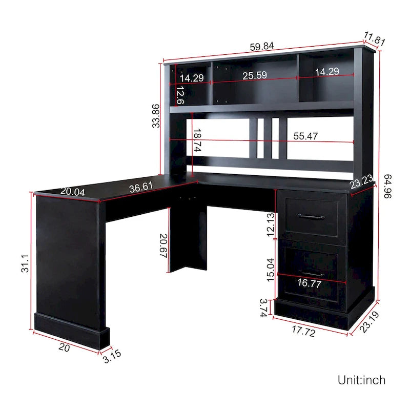 Bureau informatique blanc/noir avec étagère à 2 niveaux et 2 tiroirs, 1 personne