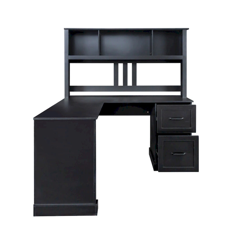 Bureau informatique blanc/noir avec étagère à 2 niveaux et 2 tiroirs, 1 personne
