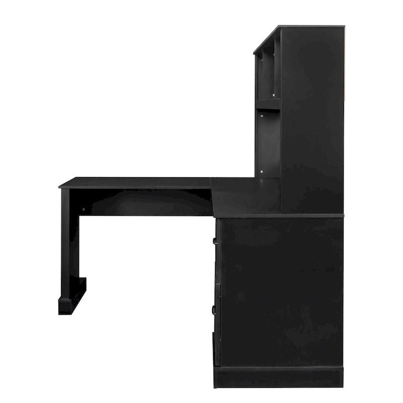Bureau informatique blanc/noir avec étagère à 2 niveaux et 2 tiroirs, 1 personne