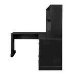 Bureau informatique blanc/noir avec étagère à 2 niveaux et 2 tiroirs, 1 personne