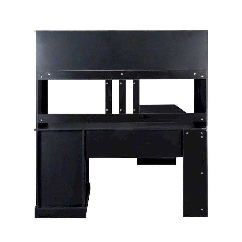 Bureau informatique blanc/noir avec étagère à 2 niveaux et 2 tiroirs, 1 personne