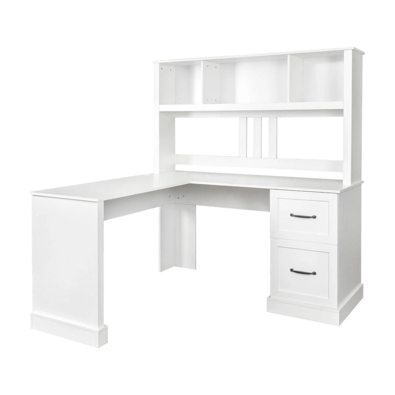 Bureau informatique blanc/noir avec étagère à 2 niveaux et 2 tiroirs, 1 personne