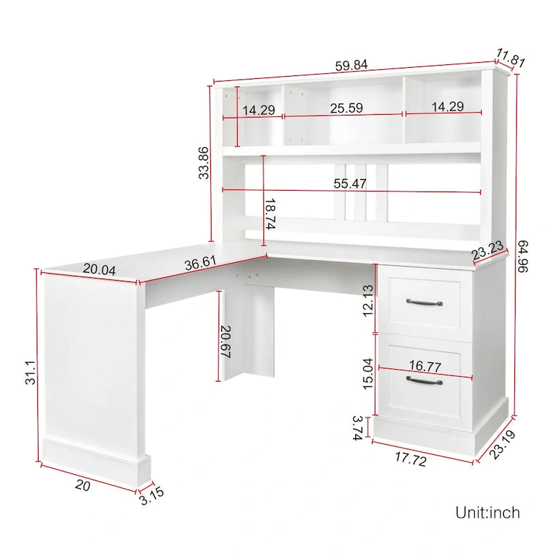 Bureau informatique blanc/noir avec étagère à 2 niveaux et 2 tiroirs, 1 personne
