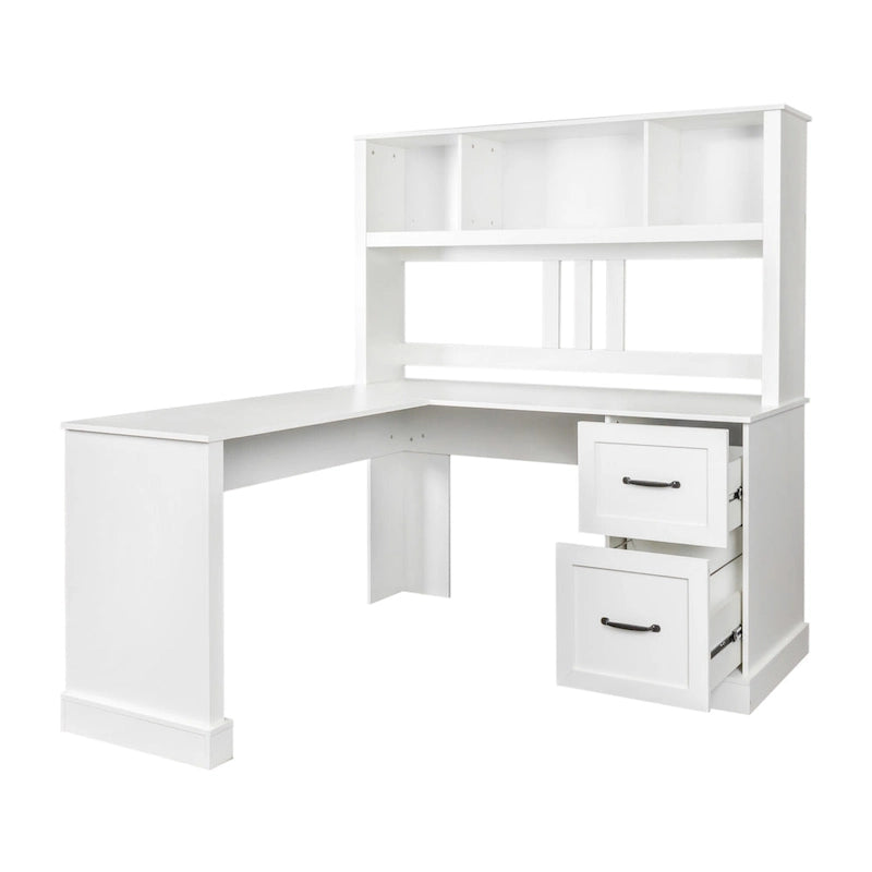 Bureau informatique blanc/noir avec étagère à 2 niveaux et 2 tiroirs, 1 personne