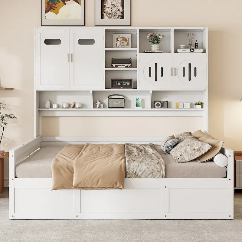 Lit de repos blanc pleine grandeur avec rangement hydraulique, armoire et étagère, simple